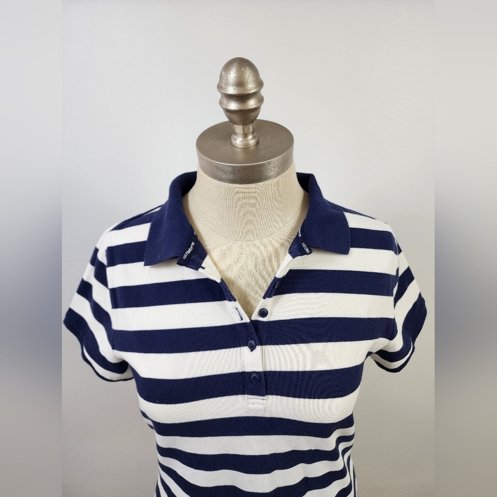 Liz Claiborne Blue White Striped Polo Shirt Nautical Preppy Size Medium - Picture 2 of 9